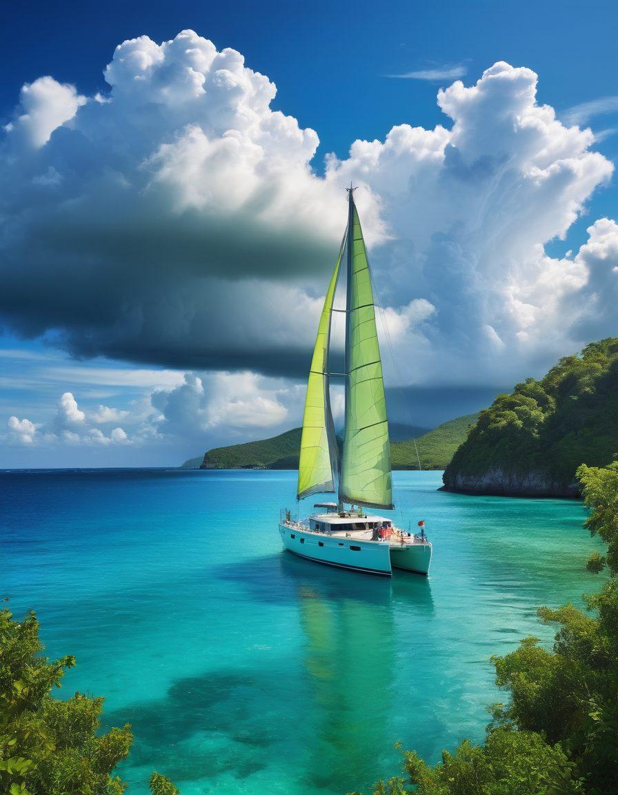 A serene yacht anchored in crystal-clear blue waters, surrounded by lush green islands under a sunny sky. The yacht features safety equipment prominently displayed, symbolizing risk management, while a group of diverse people discusses on deck, showcasing teamwork and knowledge. In the background, a distant storm cloud looms, representing potential challenges in liability. Artistic style is reminiscent of an oil painting, emphasizing vibrant colors and realistic textures.