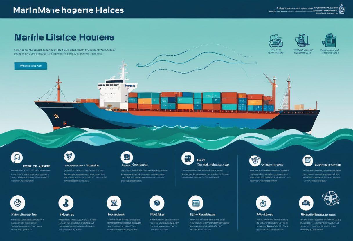 A visually engaging infographic illustrating various types of marine insurance policies, featuring icons like ships, cargo, and waves. Overlay text labels clearly defining policies such as hull insurance, cargo insurance, and liability insurance, with a calming oceanic background. Include a color palette of blues and greens to evoke a nautical theme. super-realistic. vibrant colors. clean layout.