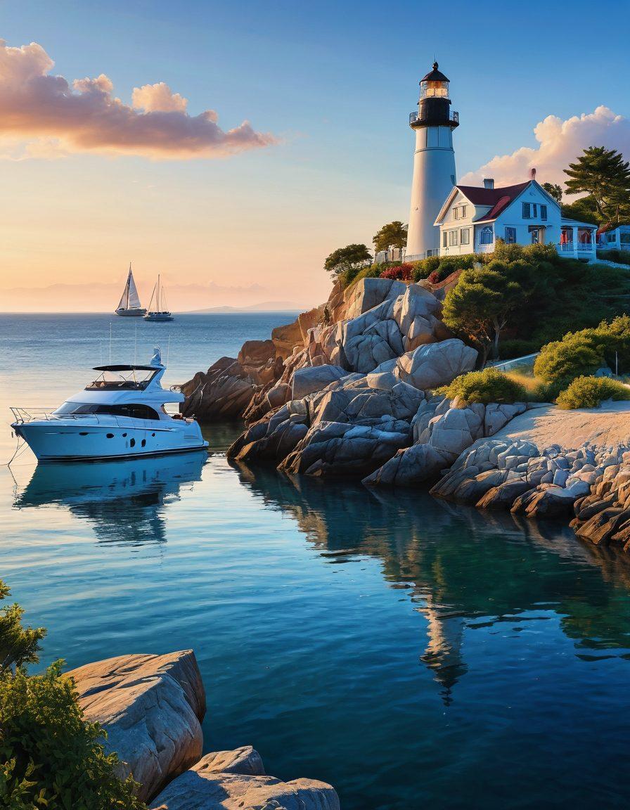 A serene coastal scene featuring a luxurious yacht anchored near a charming harbor. Include a clear sky, gentle waves, and a distant silhouette of a lighthouse. Incorporate elements representing insurance, such as a shield or a contract, subtly blended into the scenery. The overall mood should evoke a sense of security and tranquility. vibrant colors. super-realistic.